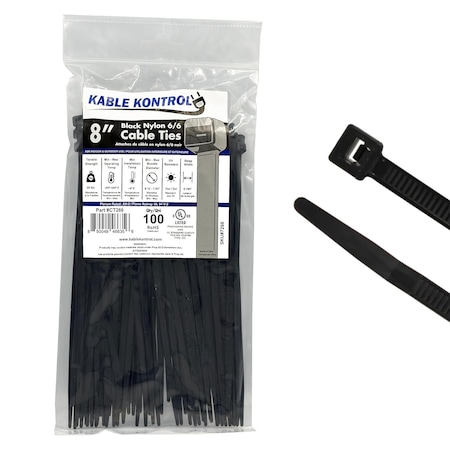 Kable Kontrol Cable Tie, 8 in L, 2.16 in Max Bundle Dia., Black, Nylon 6/6, 50 lb Strength, 100 PK CT266